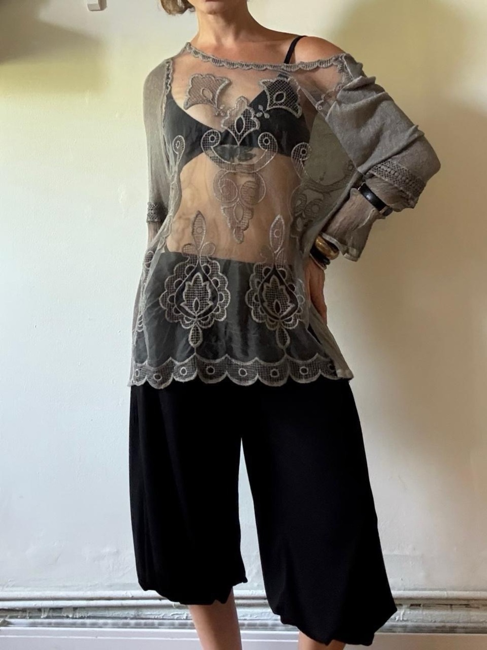 Y2K boho sheer off shoulders top— Made in Italy